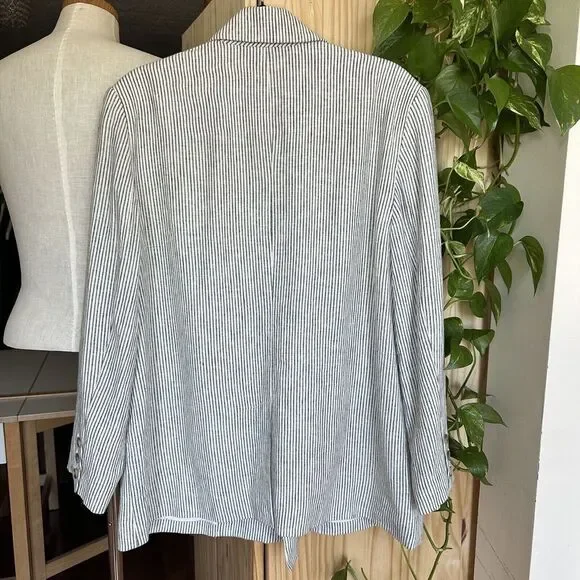 NWT Old Navy Linen Blend Blazer Jacket Large Striped Double Breasted Black White - Picture 3 of 13